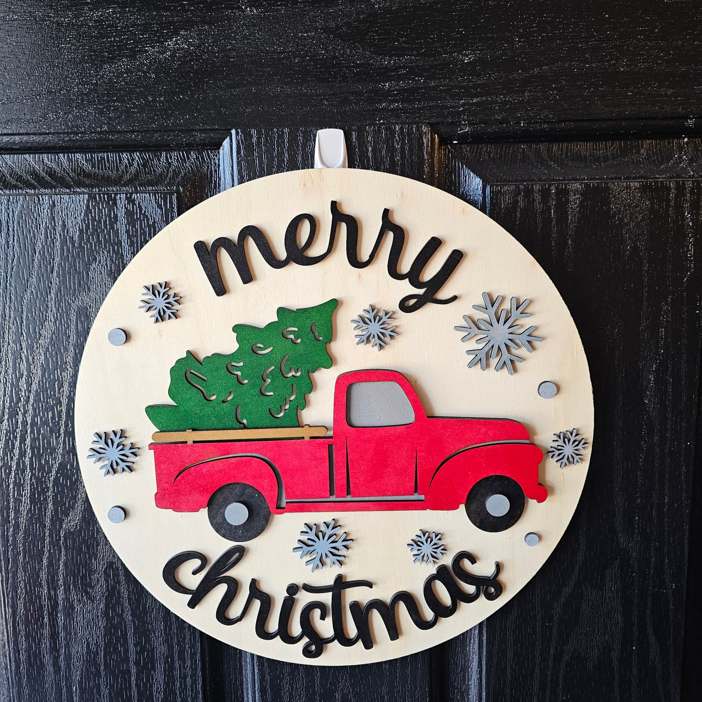 Merry Christmas Farm Truck Round Door Hanger