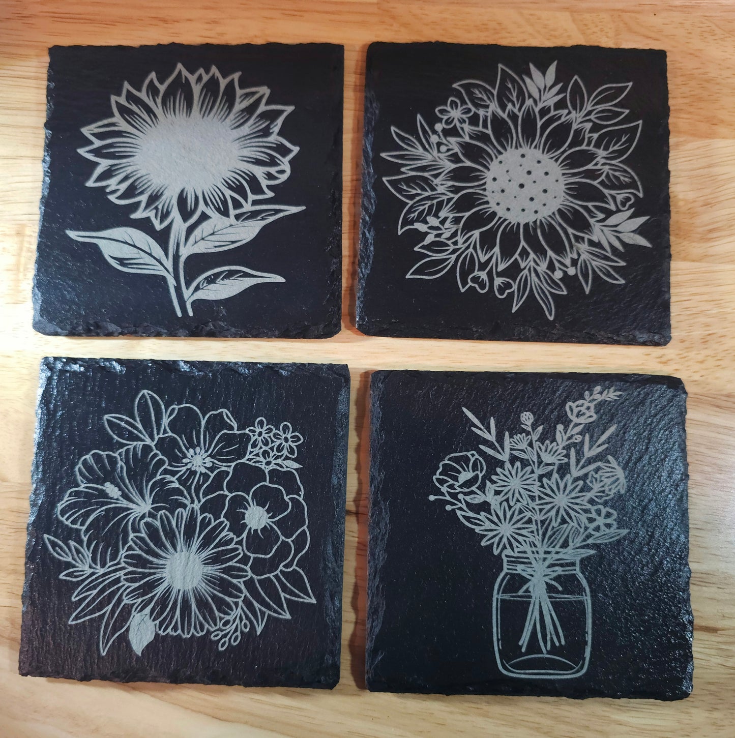 Sun Flowers Set of 4 - Laser engraved Slate Coasters