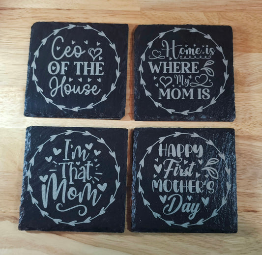 Mom - Mother's Day Set of 4 - Laser engraved Slate Coasters