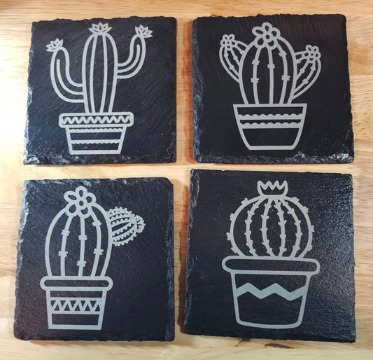 Cactus Set of 4 - Laser engraved Slate Coasters