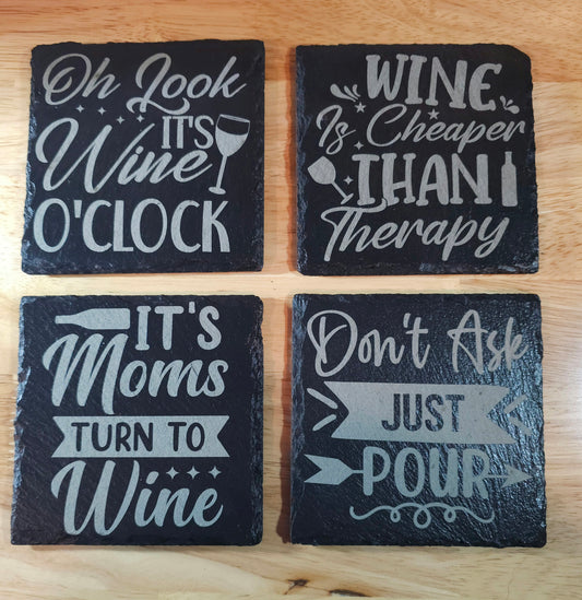 But First Wine Sayings Set of 4 - Laser engraved Slate Coasters