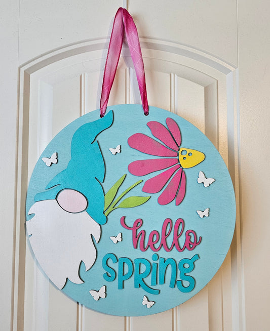 Hello Spring Gnome Round Door Hanger