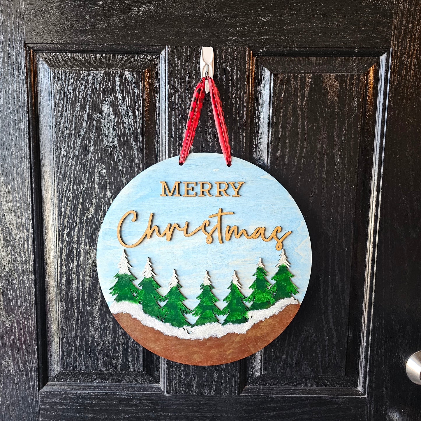 Snowy Forest Merry Christmas Round Door Hanger