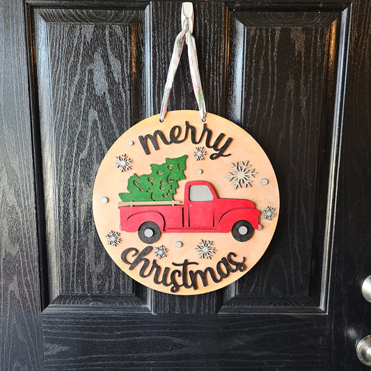 Merry Christmas Farm Truck Round Door Hanger