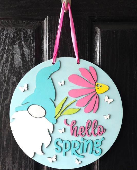 Hello Spring Gnome Round Door Hanger