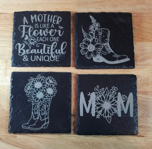 Mom / Flowers / Boots Set of 4 - Laser engraved Slate Coasters